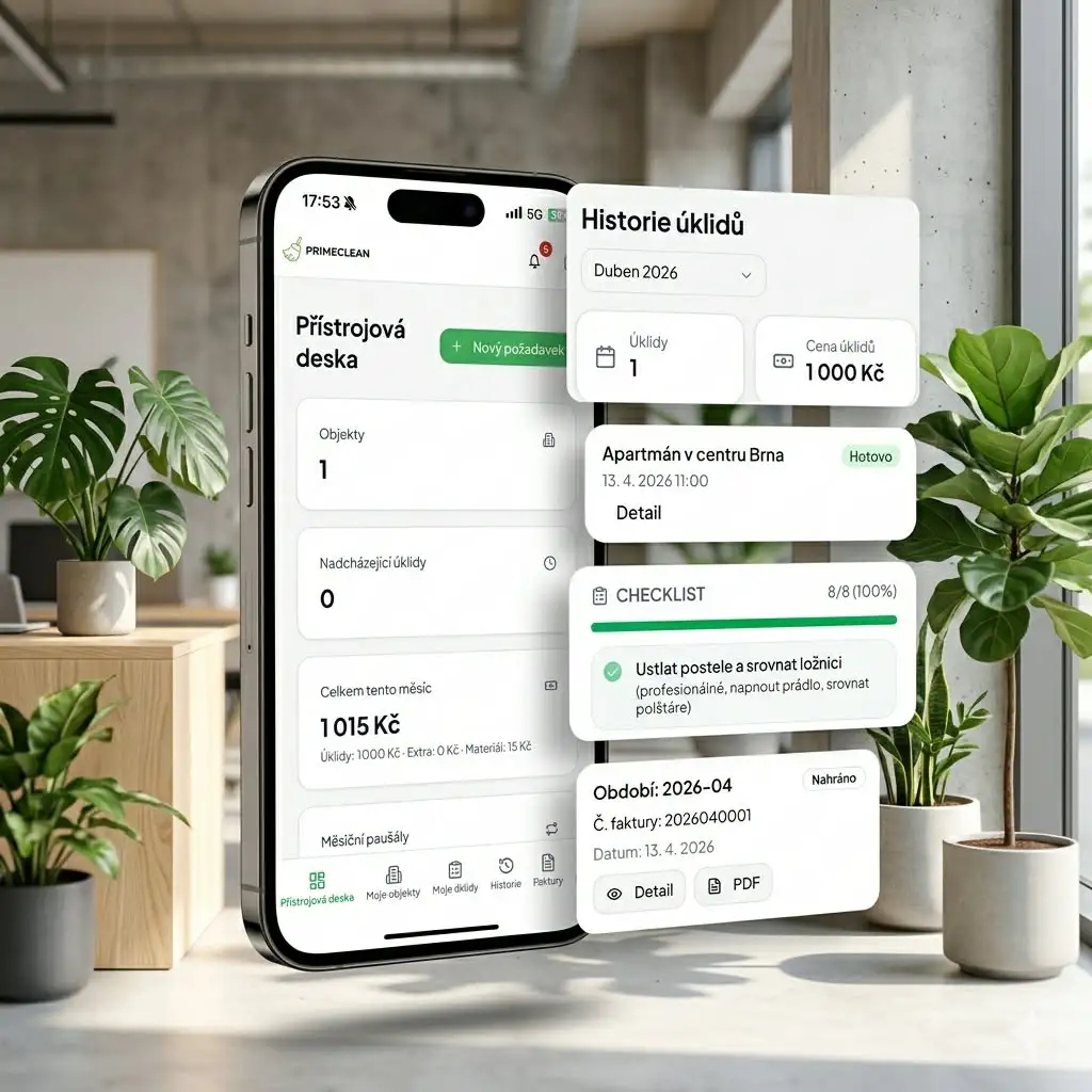 Klientská webová aplikace PrimeClean — přehled úklidů a fotoreportů