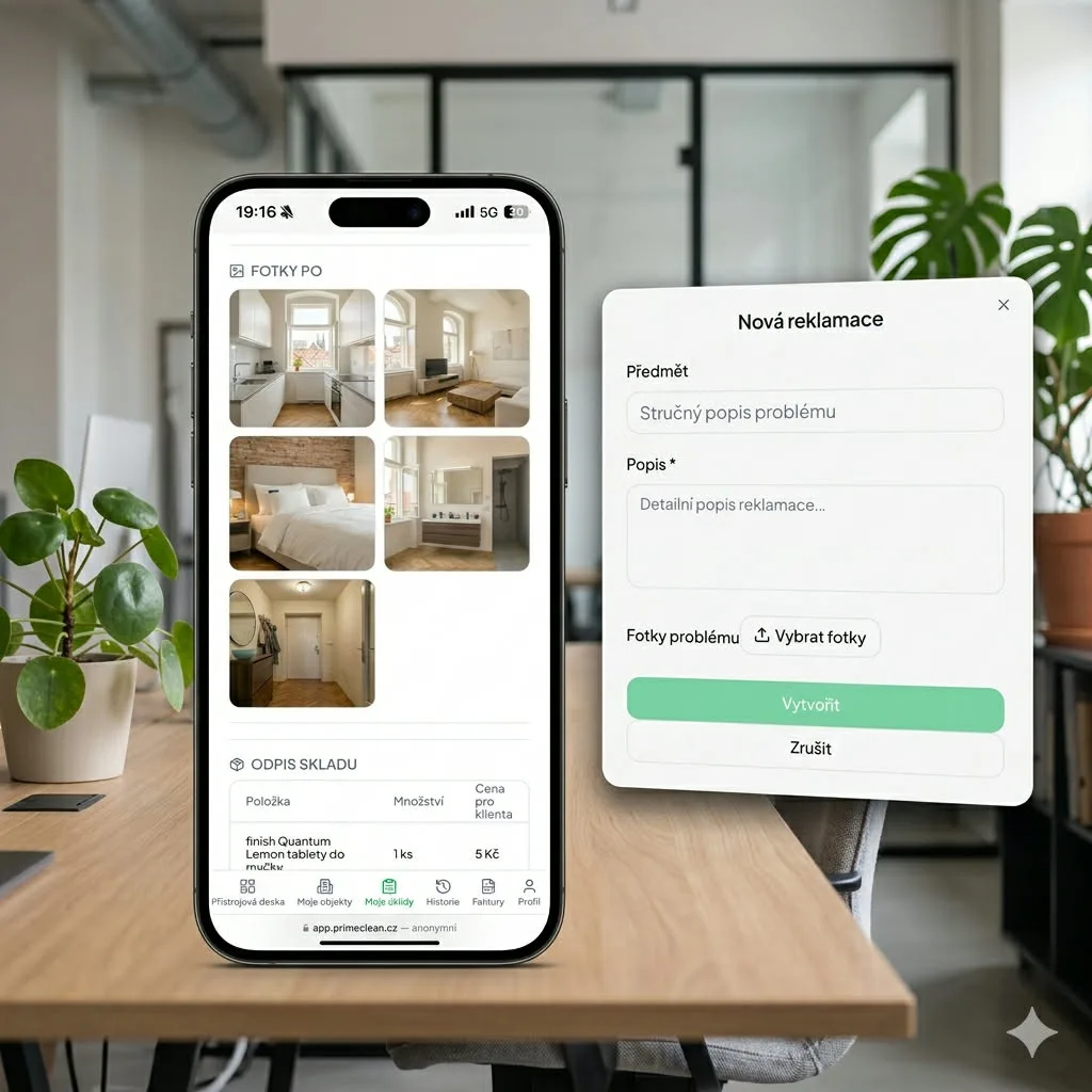 Fotodokumentace a reklamace úklidu v aplikaci PrimeClean